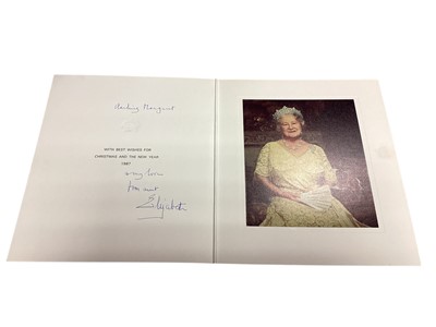 Lot 9 - H.M. Queen Elizabeth The Queen Mother, scarce signed 1987 family Christmas card with gilt embossed crown to cover, colour photograph of Her Majesty in a ball gown to the interior, signed in ink...
