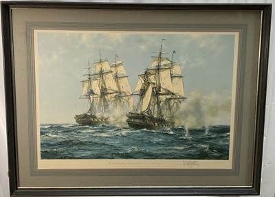 Lot 69 - Signed Montague Dawson print, Java and Constitution 1812, pub. 1966 Frost & Reed