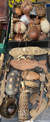 Lot 155 - Collection of South African carved and decorated gourds, and carved animal figures
