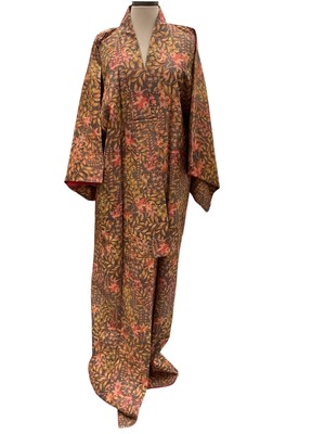 Lot 2115 - Japanese printed floral silk kimono plus three Obis (one of which is vintage). One other garment and silk sashes and belts etc. Some tacking stitches in place. C.2000.