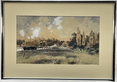 Lot 74 - Michael Norman RSMA watercolour - Pin Mill Saltings, signed and dated 1980, 25cm x 43cm, glazed frame