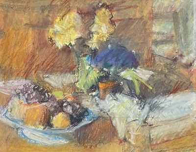 Lot 1006 - Dick Lee (1923-2001) oil pastel - Fruit and Flowers Still Life, 23cm x 30cm, in glazed frame