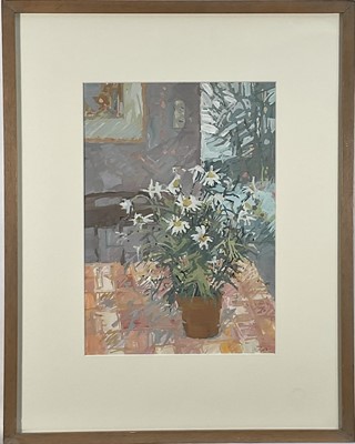 Lot 180 - Joan Elliot Bates (contemporary) gouache vase of flowers in an interior, signed, 34cm x 24cm, glazed frame