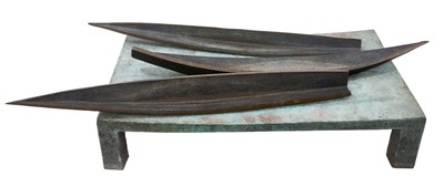 Lot 830 - Jonathan Clarke (born 1961) cast bronze sculpture - three boats on a platform, with three moveable bronze boats on a verdigris bronze plinth. Plinth measures approximately 46cm x 26.5cm. Signed...
