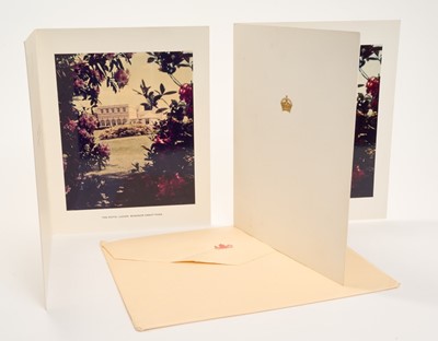 Lot 20 - H.M. Queen Elizabeth The Queen Mother, two un-signed 1978 Christmas cards, each with gilt embossed crown to cover, colour photograph of Royal Lodge, Windsor to the interior, with envelope