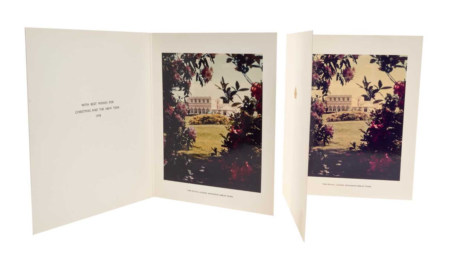Lot 20 - H.M. Queen Elizabeth The Queen Mother, two un-signed 1978 Christmas cards, each with gilt embossed crown to cover, colour photograph of Royal Lodge, Windsor to the interior, with envelope