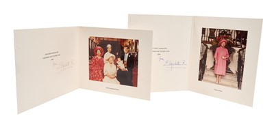 Lot 21 - H.M. Queen Elizabeth The Queen Mother, two signed 1989 and 1990 Christmas cards, each with gilt embossed crown to cover, colour photograph of Her Majesty to the interior, signed in ink 'from Eli...