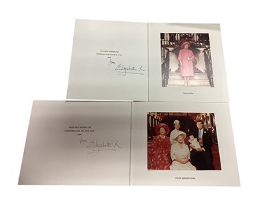 Lot 14 - H.M. Queen Elizabeth The Queen Mother, two signed 1989 and 1990 Christmas cards, each with gilt embossed crown to cover, colour photograph of Her Majesty to the interior, signed in ink 'from Eli...