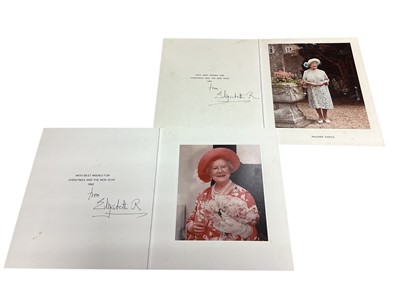 Lot 15 - H.M. Queen Elizabeth The Queen Mother, two signed 1991and 1992 Christmas cards, each with gilt embossed crown to cover, colour photograph of Her Majesty to the interior, signed in ink 'from Eliz...