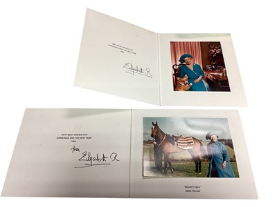Lot 16 - H.M. Queen Elizabeth The Queen Mother, two signed 1993 and 1994 Christmas cards, each with gilt embossed crown to cover, colour photograph of Her Majesty and race horse to the interior, signed i...