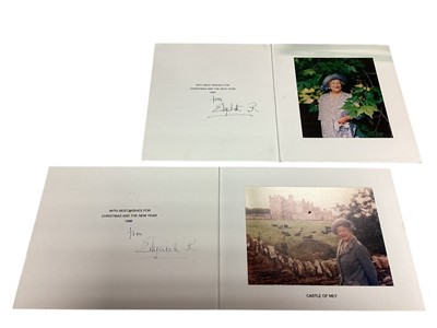 Lot 17 - H.M. Queen Elizabeth The Queen Mother, two signed 1995 and 1996 Christmas cards, each with gilt embossed crown to cover, colour photograph of Her Majesty to the inter...