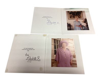 Lot 18 - H.M. Queen Elizabeth The Queen Mother, two signed 1997 and 1998 Christmas cards, each with gilt embossed crown to cover, colour photograph of Her Majesty to the interior, signed in ink 'from Eli...