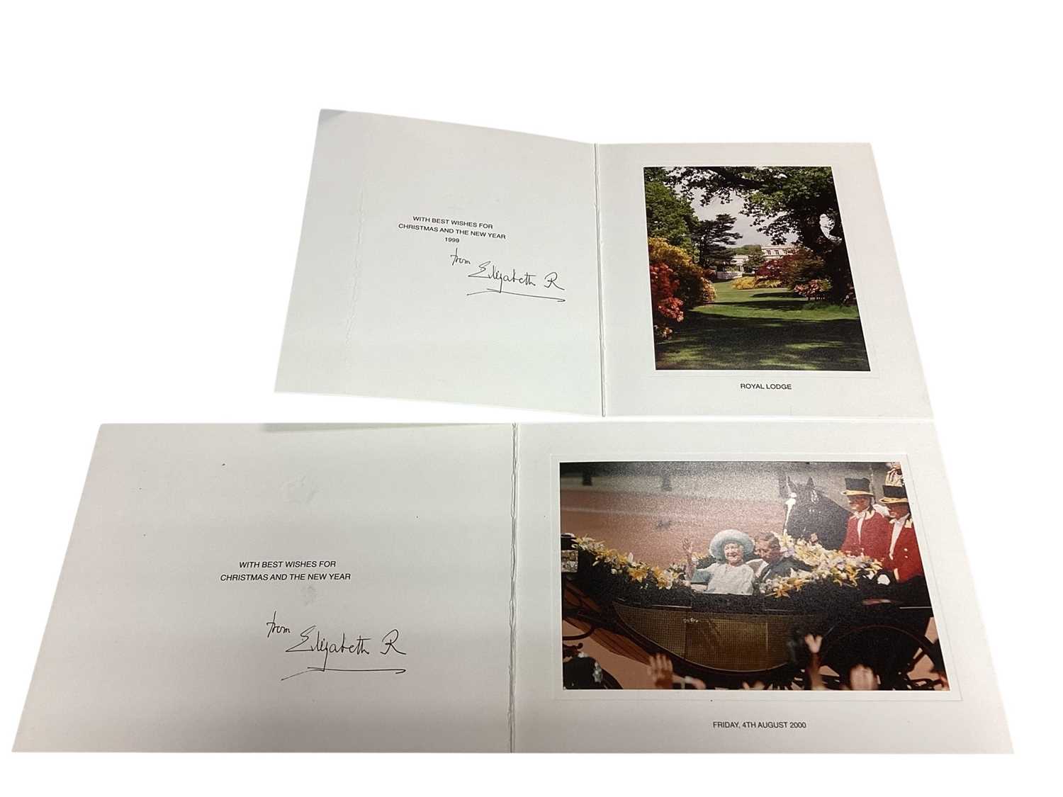Lot 22 - H.M. Queen Elizabeth The Queen Mother, two signed 1999 and 2000 Christmas cards, each with gilt embossed crown to cover, colour photograph of Royal Lodge and Her Majesty with Prince Charles to t...