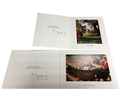 Lot 19 - H.M. Queen Elizabeth The Queen Mother, two signed 1999 and 2000 Christmas cards, each with gilt embossed crown to cover, colour photograph of Royal Lodge and Her Majesty with Prince Charles to t...