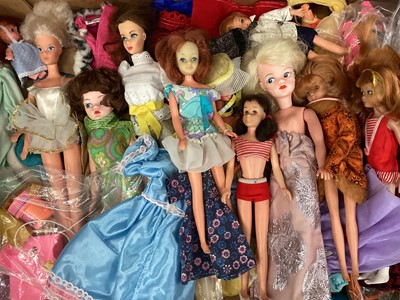 Lot 1976 - Teenage and small dolls plus a good quantity of clothing in two boxes.