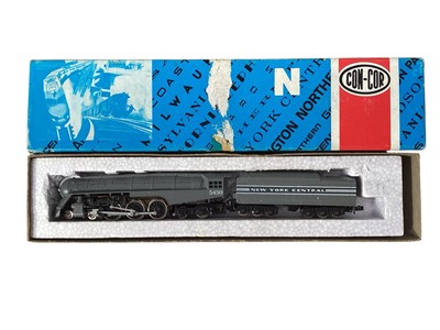 Lot 1989 - Con-Cor N Gauge 4-6-4 New York Central locomotive with 12 wheel tender, Life Like GP-40 Burlington diesel locomotive No.S781B plus six rolling stock and one other coach, all boxed (9)