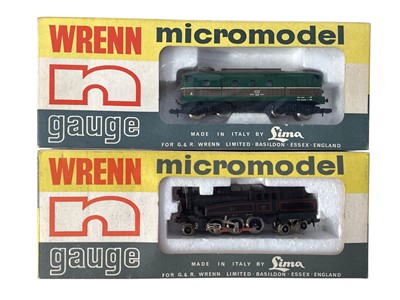Lot 1990 - Wrenn made by Lima N Gauge micro models 2-6-4- Swedish Railways tank engine No.251 & Italian Railways diesel locomotive No.201, plus five wagons & vans and car transporter, all boxed (8)...