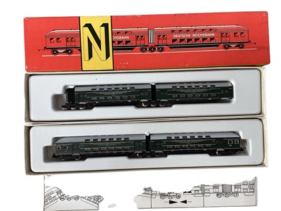 Lot 1991 - Piko N Gauge Deutsch Reichsbahan 2 Car double decker articulated coaches (non powered), plus two central coaches, both boxed (2)