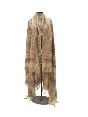 Lot 2139 - Edwardian cream silk dress with lace inserts and draped bodice, 19th century cream wool and silk printed shawl and a Victorian paisley shawl.