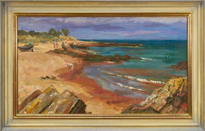 Lot *Tessa Spencer Pryse (b.1940) oil on board - Salmon Netting, The Moray Firth, signed and titled verso, 45cm x 77cm, framed