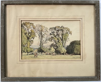 Lot 203 - William Grimmond (1884-1952) ink and watercolour - Three Elms and Three Cows, signed and inscribed 'Moon Hill', 17.5cm x 26cm, in glazed frame