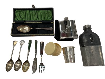 Lot 974 - Edwardian silver collapsible cup, together with various silver teaspoons, other flatware and two hip flasks