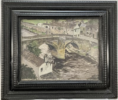Lot 199 - Hesketh Hubbard (1892-1957) oil on canvas - Bridge, Barnard Castle, 35.5cm x 46cm, exhibition label verso for the Croydon Art Society 1947