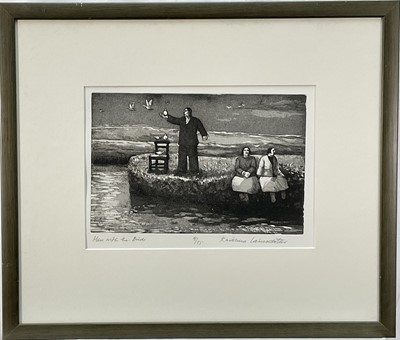 Lot 200 - Karolina Larusdottir (1944-2019) signed limited edition etching - Man with the Birds, 41/75, 23cm x 32cm, in glazed frame