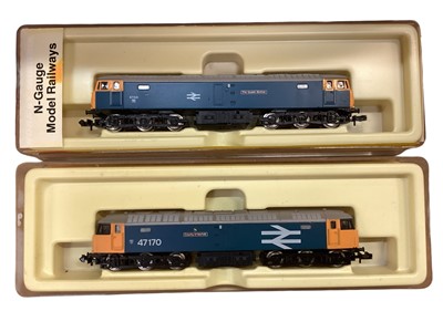 Lot 1995 - Minitrix N Gauge mostly BR Large Logo Class 47 diesels including County of Norfolk 47170 (x2), The Queen Mother 47541 & 47649, all boxed (4)