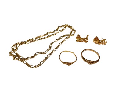 Lot 101 - 18ct gold chain, 18ct gold ring, Eastern yellow metal ring and pair of Eastern yellow metal screw back earrings