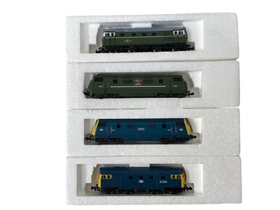 Lot 1998 - Hornby Minitrix diesel locomotives including BR green Class 42 Warship Intrepid D825, boxed No.208 & Bo-Bo Class 27 diesel D5379 and BR blue yellow ends Class 42 Warship Hermes D823 & Cl...