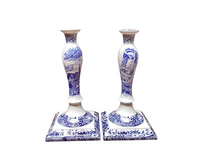 Lot 1124 - Pair of Spode Italian pattern blue and white candlesticks on square bases, 32cm high
