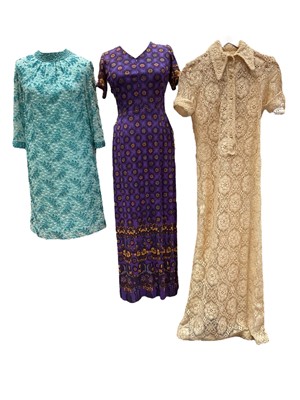 Lot 2121 - Group of 1960s and 1970s clothing including spilt side maxi dress by London Mob, psychedelic blouse and dress, Hong Kong beaded dress and top, frilly Bri-Nylon chiffon blouse, Simon Ellis blac...