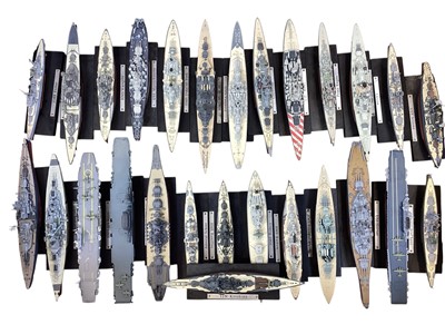 Lot 2012 - Atlas Editions Legendary Warships including British, American, Japanese & German WWII diecast scale models, on stands (x27) and British diecast WWII fighters & bombers, with stands (2 b...