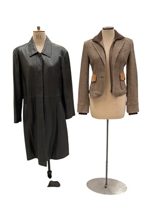 Lot 2125 - Burberry black mac size 8, Burberry silk cotton mix soft jacket size small, LLD long leather coat size M and a short wool mix tweed jacket size XS.