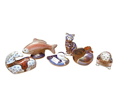 Lot 1131 - Six Royal Crown Derby paperweights to include British Bulldog, Cockerel, Fish etc