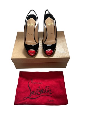 Lot 2127 - Christian Louboutin black Flo Sling 120 shoes size 36.5. With original receipt for £495, box, dust bag and spare heel tips.