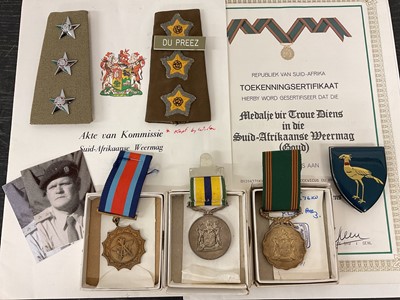 Lot 800 - South Africa medal trio awarded to Captain Pieter Du Preez, Stormberg Commando, comprising Chief of the SA Defence Force Commendation Medal