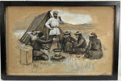 Lot 40 - Julius Mendes Price FRGS (1857-1924) a fascinating pen, ink and watercolour picture entitled 'Lady visitors to our encampment, Gobi desert', signed 'JMP' in a diamond, 29cm x 19cm Nb. Jul...