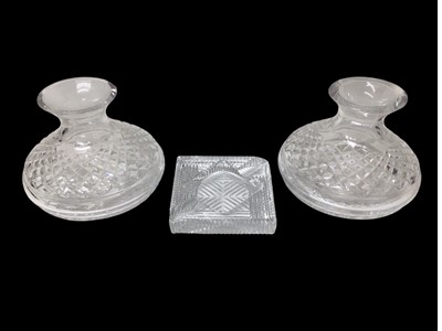 Lot 1149 - Pair of Waterford Crystal Inishmaan Hurricane lampshades, 18.5cm high, together with an ashtray (3)