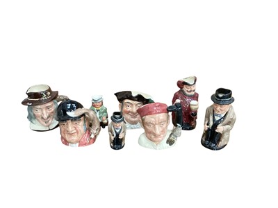 Lot 1170 - Four Royal Doulton character jugs - Izaak Walton D6404, Bootmaker D6572, Gone Away D6531 and Mine Host D6466, together with two Winston Churchill Toby jugs, Sir John Falstaff Toby jug and one ot...