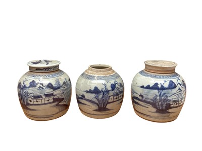 Lot 1157 - Three 18th/19th century Chinese blue and white ginger jars (one lid missing)