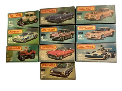 Lot 2048 - Matchbox 1-75 Series diecast vehicles including Pontiac Firebird SE No.51, 1957 Chevy No.4, Pontiac (white & gold versions) No.16 (x2), Formula Racing Car No.28, Model 'A' Ford No.73, Chevy...