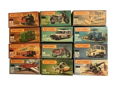 Lot 2047 - Matchbox 1-75 Series diecast vehicles including Passenger Coach No.44, Diesel Shunter No.24, Steam locomotive No.43, Helicopter No.75, Field Gun No.32, Carmichael Rescue Vehicle No.57, Mobile Ho...