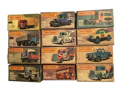 Lot 2046 - Matchbox 1-75 Series diecast vehicles including 4 x 4 Open Back Truck No.63, Flareside Pick-Up No.53, Peterbilt Wrecker Truck No.61, Tyrone Malone Superboss No.66, Refuse truck No.36, Cable Truc...