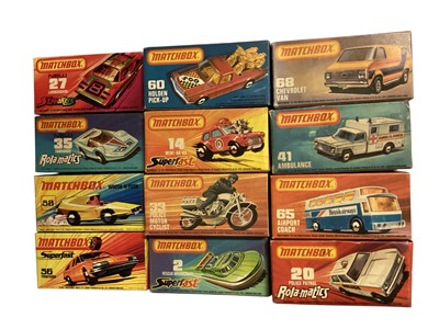 Lot 2045 - Matchbox Superfast 1-75 Series diecast vehicles including Woosh-N-Push No.58, Pininfarina No.56, Rescue Hovercraft No.2, Chevrolet Van No.68, Ambulance No.41, Airport Coach No.65, Mini-Ha-Ha No....