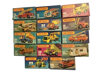 Lot 2044 - Matchbox Superfast 1-75 Series diecast vehicles including Horsebox No.40, Faun Dump Truck No.58, Sambron Jacklift No.48, Fork Lift Truck No.15, Atlas Truck No.23, Cattle Truck No.71, Tractor Sho...
