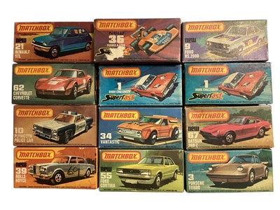 Lot 2043 - Matchbox Superfast 1-75 Series diecast vehicles including Porsche Turbo No.3, Ford RS.2000 No.9, Dodge Challenger (orange & red versions) No.1 (x2), Datsun 260-7 No.67, Renault 5TL No.21, Fo...