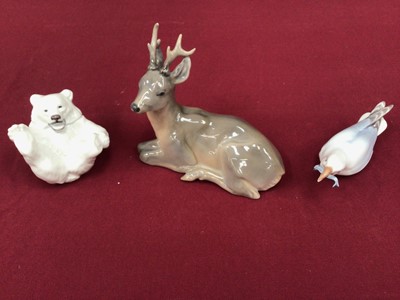 Lot 1159 - Seven Danish porcelain animals, mainly Royal Copenhagen including stag model number 756, polar bear number 247, lovebirds number 402 etc