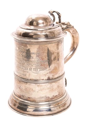 Lot 262 - George II silver tankard of cylindrical form with hinged domed cover with scroll thumb piece and S scroll handle